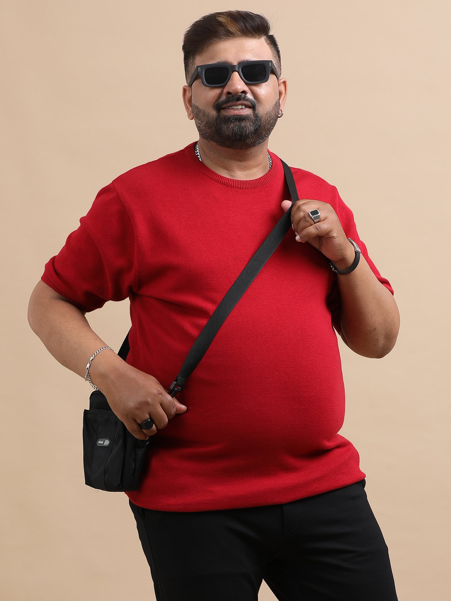Red Knitted Half Sleeve Cotton T-Shirts