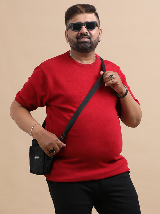 Red Knitted Half Sleeve Cotton T-Shirts