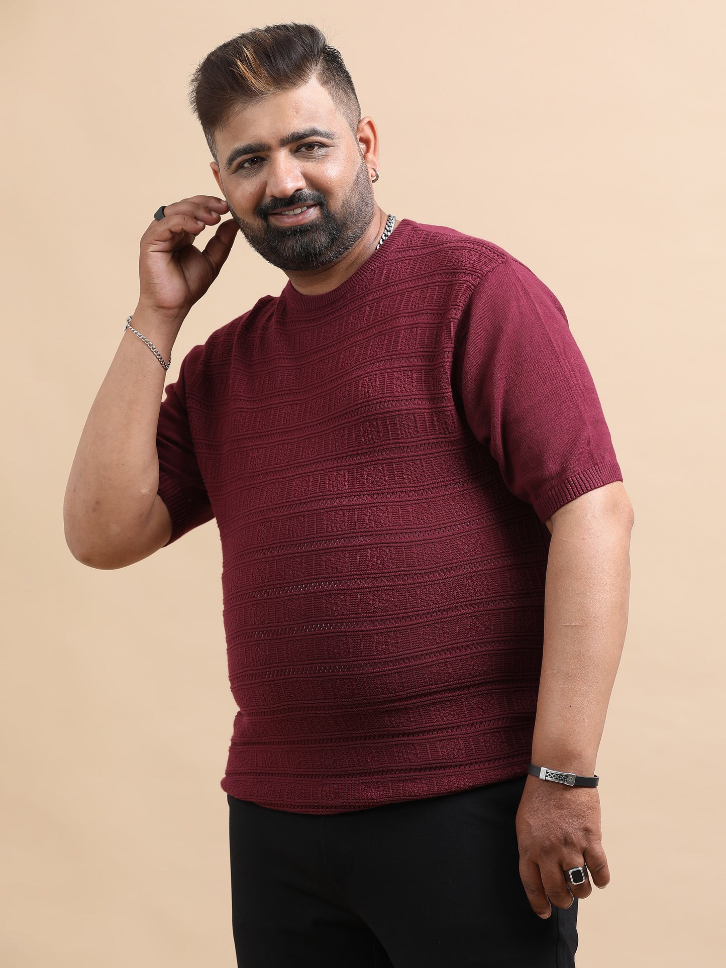 Marron Stripe Knitted Half Sleeve Cotton T-Shirts