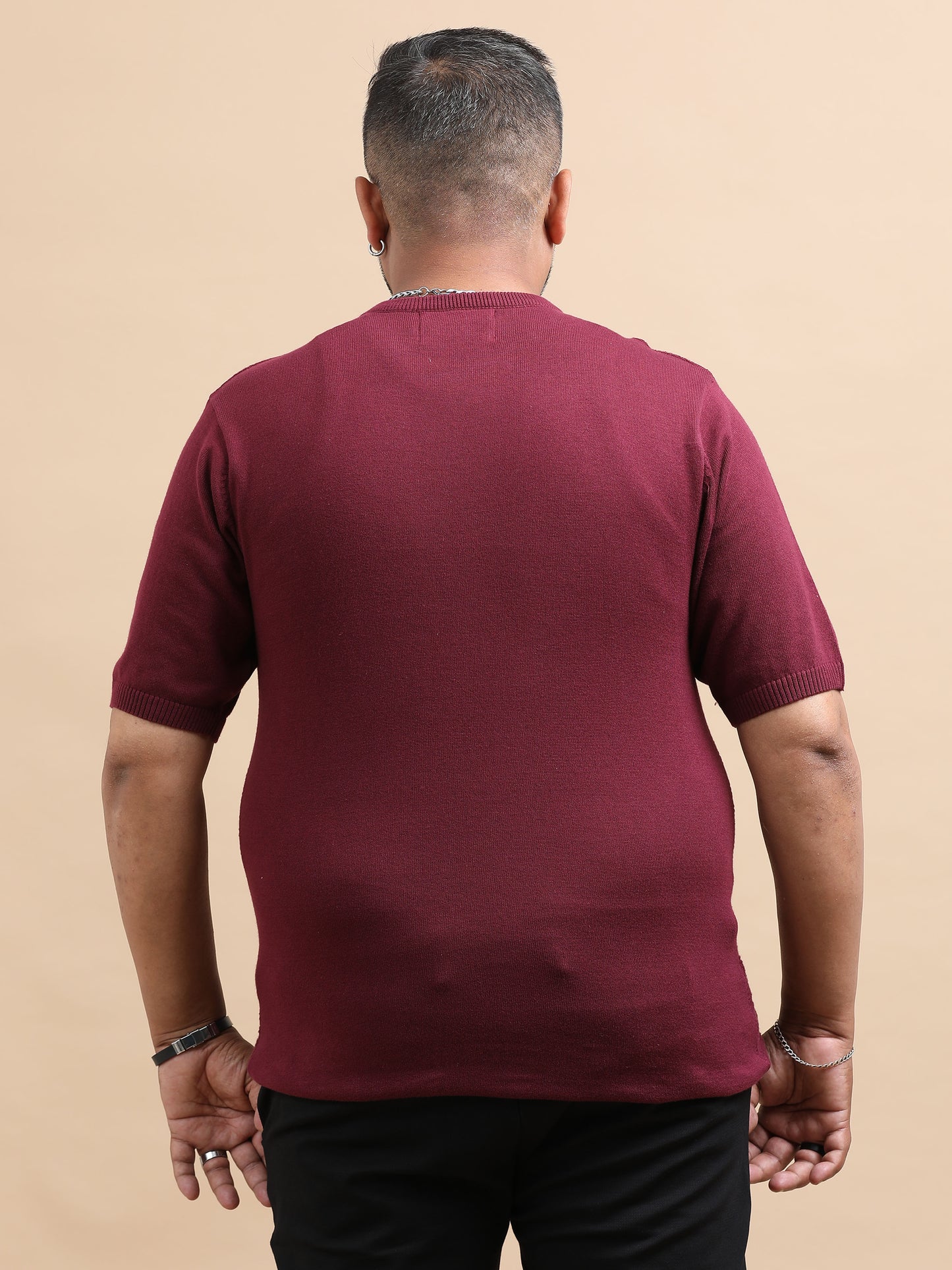 Marron Stripe Knitted Half Sleeve Cotton T-Shirts