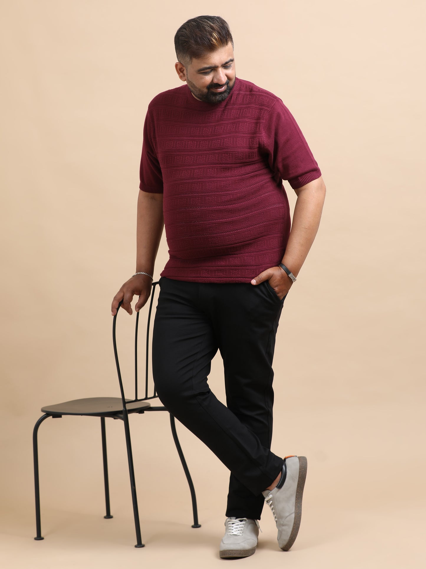 Marron Stripe Knitted Half Sleeve Cotton T-Shirts